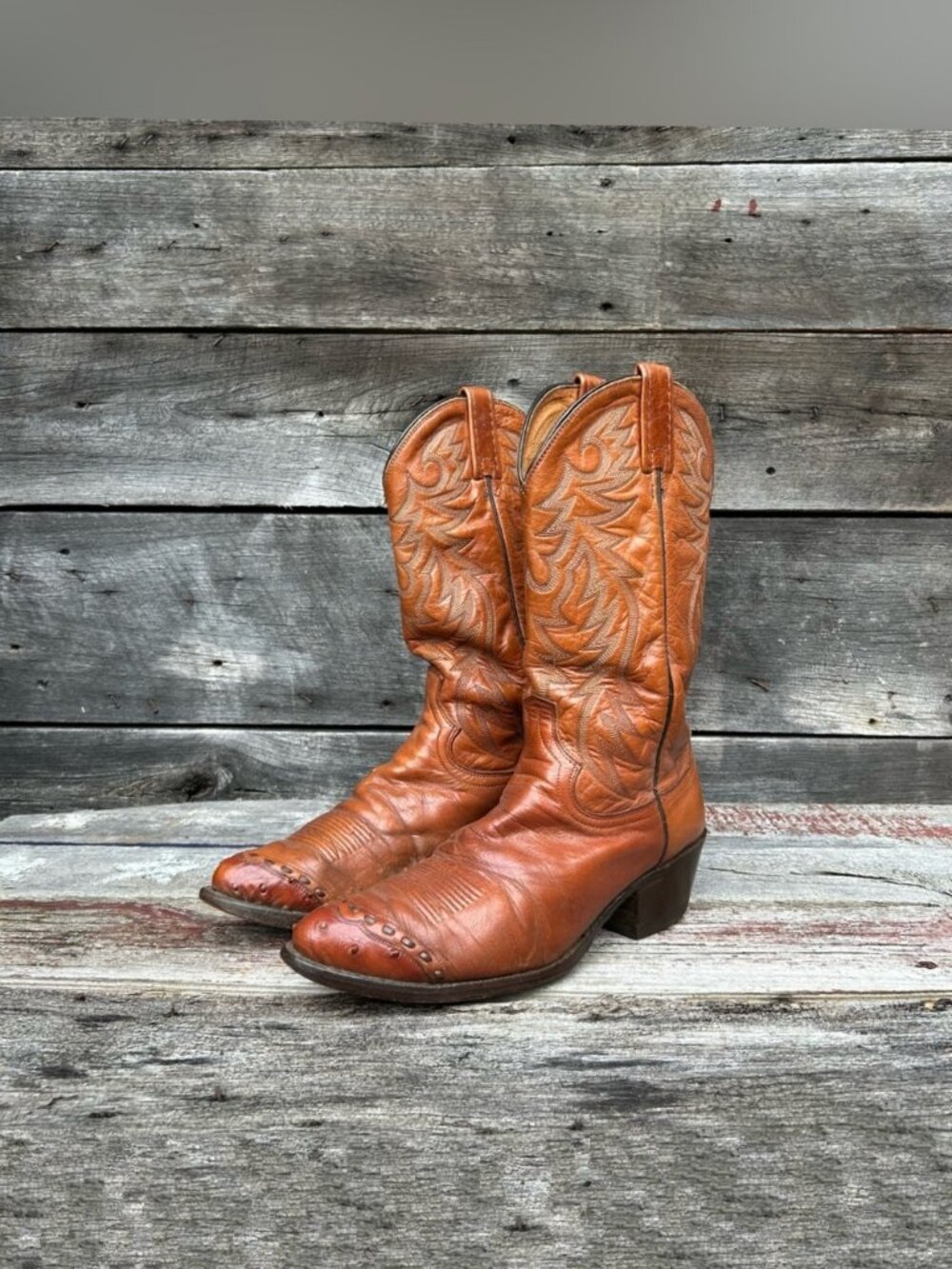 Vintage Dan Post Cognac Brown Leather Ostrich Tip Toe Cowboy Western Boots~9.5D~